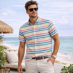 Tommy Hilfiger Men’s Striped Short Sleeve Button Down Shirt Large Custom Fit
